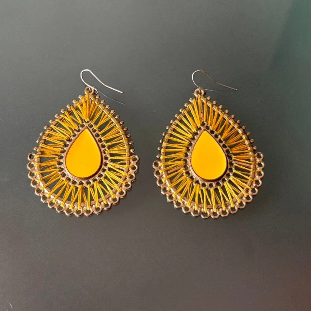 Boho Mustard Yellow Teardrop Statement Earrings ✨